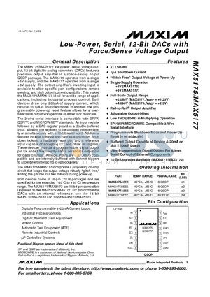 MAX5175 datasheet - Low-Power, Serial, 12-Bit DACs with Force/Sense Voltage Output