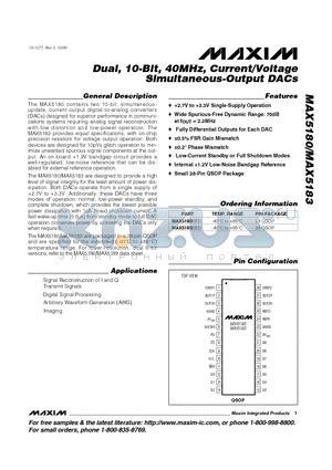 MAX5180 datasheet - Dual, 10-Bit, 40MHz, Current/Voltage Simultaneous-Output DACs