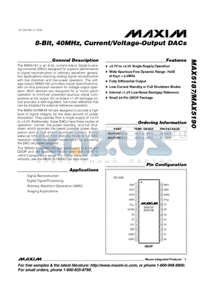 MAX5187 datasheet - 8-Bit, 40MHz, Current/Voltage-Output DACs