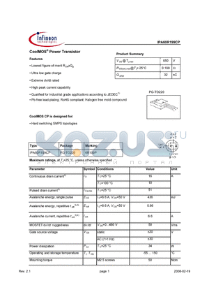 IPA60R199CP_08 datasheet - CoolMos Power Transistor