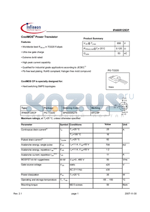 IPA60R125CP_07 datasheet - CoolMos Power Transistor