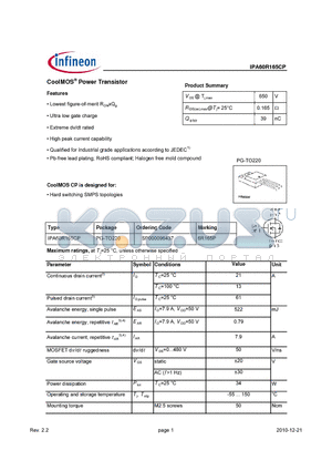 IPA60R165CP_10 datasheet - CoolMos Power Transistor