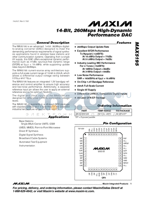 MAX5195 datasheet - 14-Bit, 260Msps High-Dynamic Performance DAC