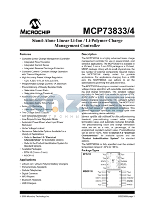 MCP73833-GPI/MF datasheet - Stand-Alone Linear Li-Ion / Li-Polymer Charge Management Controller