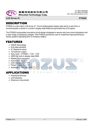 PT6520 datasheet - LCD Driver IC