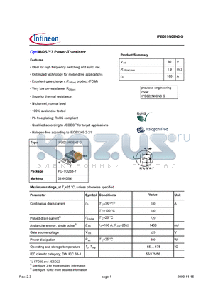 IPB019N08N3G datasheet - OptiMOS3 Power-transistor