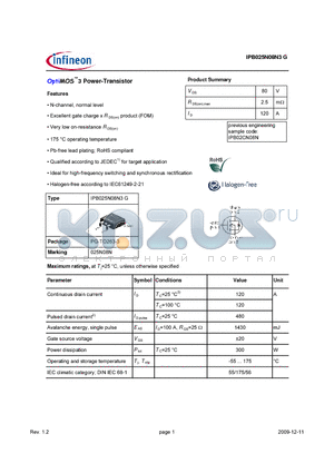 IPB025N08N3G datasheet - OptiMOS3 Power-transistor