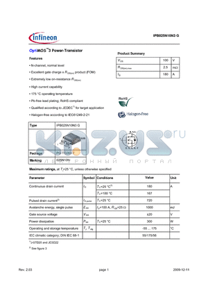 IPB025N10N3G datasheet - OptiMOS3 Power-Transistor
