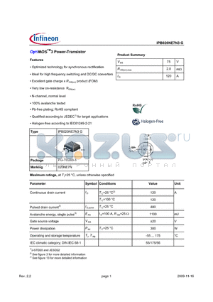 IPB020NE7N3G datasheet - OptiMOSTM3 Power-Transistor