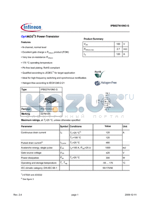 IPB027N10N3G datasheet - OptiMOS^3 Power-Transistor