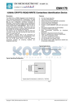 EM4170A5WW11E datasheet - 125kHz CRYPTO READ/WRITE Contactless Identification Device