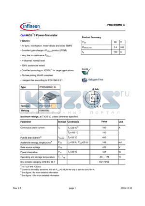 IPB034N06N3G datasheet - OptiMOS3 Power-Transistor