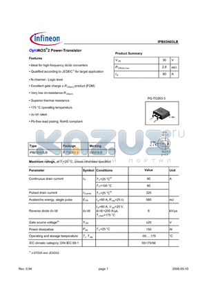 IPB03N03LB datasheet - OptiMOS^2 Power-Transistor