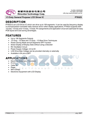 PT6523-HQ datasheet - 1/3 Duty General Purpose LCD Driver IC
