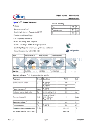 IPB051NE8NG datasheet - OptiMOS2 Power-Transistor Features N-channel, normal level 175 `C operating temperature