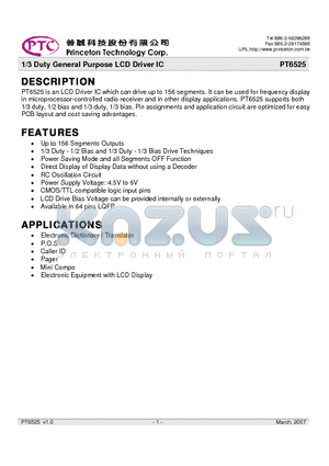 PT6525-LQ datasheet - 1/3 Duty General Purpose LCD Driver IC