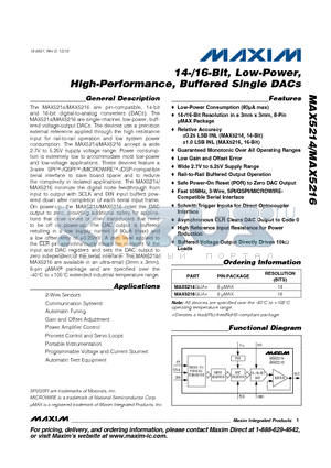 MAX5214 datasheet - 14-/16-Bit, Low-Power, High-Performance, Buffered Single DACs
