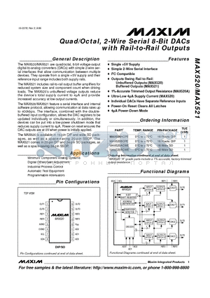 MAX521ACPP datasheet - Quad/Octal, 2-Wire Serial 8-Bit DACs with Rail-to-Rail Outputs