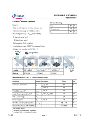 IPB070N08N3G datasheet - OptiMOS3 Power-Transistor