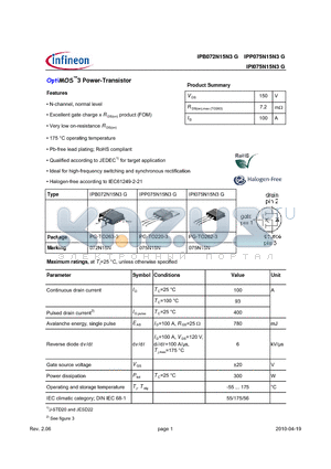 IPB072N15N3G datasheet - OptiMOS3 Power-Transistor Features Excellent gate charge x R DS(on) product (FOM)