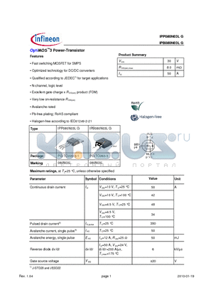 IPB080N03LG datasheet - OptiMOS3 Power-Transistor