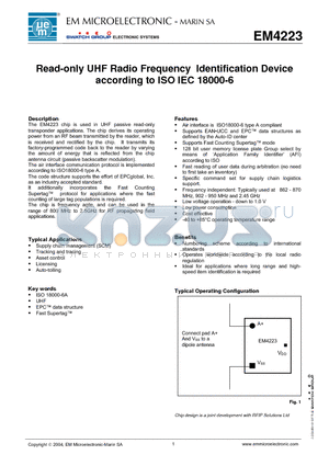 EM4223V1WW11 datasheet - Read-only UHF Radio Frequency Identification Device