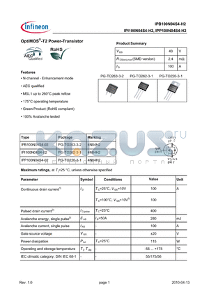 IPB100N04S4-H2 datasheet - OptiMOS-T2 Power-Transistor