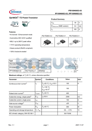 IPB100N06S3-03 datasheet - OptiMOS-T2 Power-Transistor