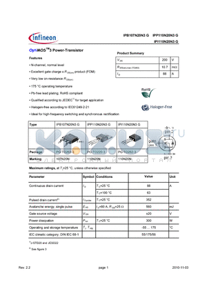 IPB107N20N3G_10 datasheet - OptiMOS 3 Power-Transistor