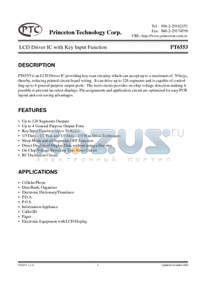 PT6553 datasheet - LCD Driver IC with Key Input Function