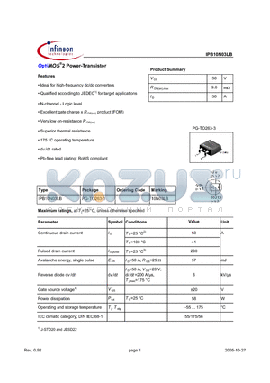 IPB10N03LB datasheet - OptiMOS^2 Power-Transistor