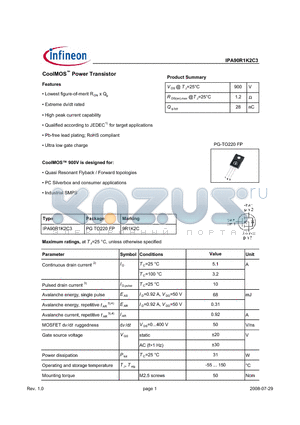 IPA90R1K2C3 datasheet - CoolMOS Power Transistor