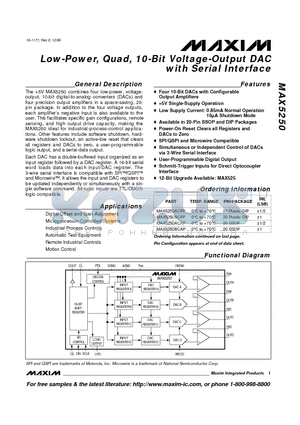 MAX5250 datasheet - Low-Power, Quad, 10-Bit Voltage-Output DAC with Serial Interface
