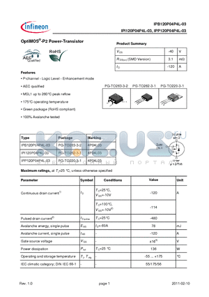 IPB120P04P4L-03 datasheet - OptiMOS-P2 Power-Transistor