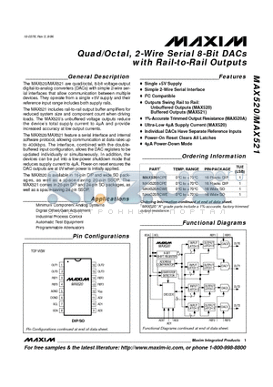 MAX521AEWG datasheet - Quad/Octal, 2-Wire Serial 8-Bit DACs with Rail-to-Rail Outputs