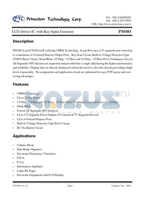 PT6583-LQ datasheet - LCD Driver IC with Key Input Function