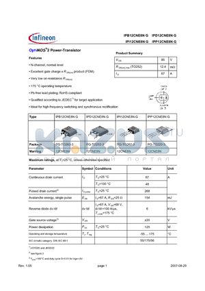 IPB12CNE8NG datasheet - OptiMOS Power-Transistor Feature Enhancement mode Logic Level Avalanche rated