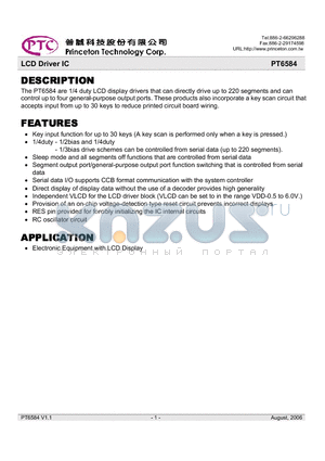 PT6584 datasheet - LCD Driver IC