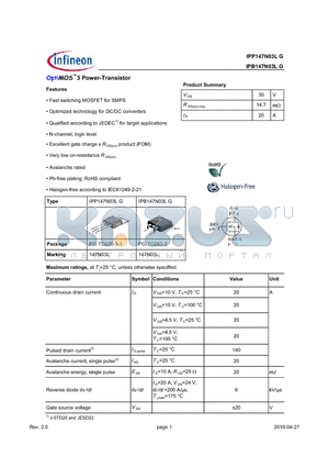 IPB147N03LG datasheet - OptiMOS3 Power-Transistor Features Fast switching MOSFET for SMPS