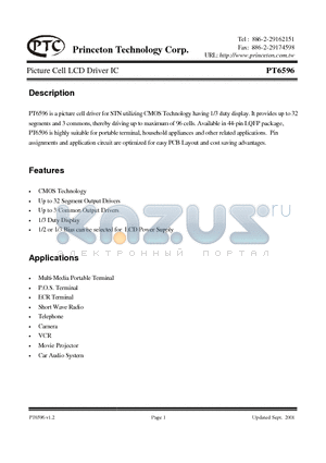 PT6596 datasheet - PICTURE CELL LCD DRIVER IC