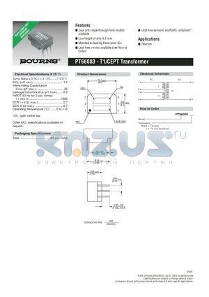 PT66003 datasheet - T1/CEPT Transformer