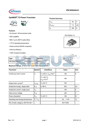 IPB180N04S4-01 datasheet - OptiMOS-T2 Power-Transistor