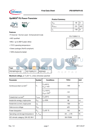 IPB180P04P4-03 datasheet - OptiMOS-P2 Power-Transistor