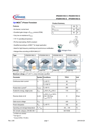 IPB200N15N3 datasheet - OptiMOS3 Power-Transistor Features Excellent gate charge x R DS(on) product (FOM)