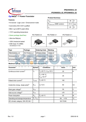 IPB25N06S3L-22 datasheet - OptiMOS^-T Power-Transistor