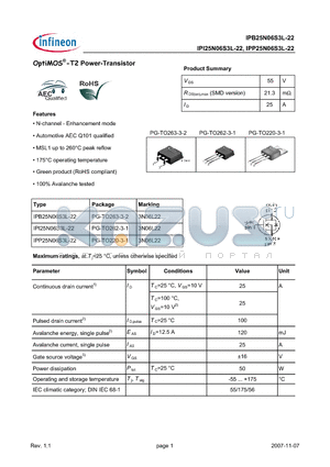 IPB25N06S3L-22 datasheet - OptiMOS-T2 Power-Transistor