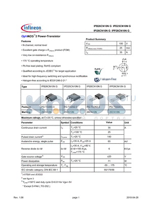 IPB26CN10NG datasheet - OptiMOS Power-Transistor Feature Enhancement mode Logic Level Avalanche rated