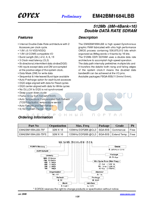 EM422M1684LBA-7FE datasheet - 512Mb (8M4Bank16) Double DATA RATE SDRAM