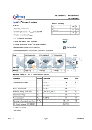 IPB320N20N3G_10 datasheet - OptiMOS3 Power Transistor