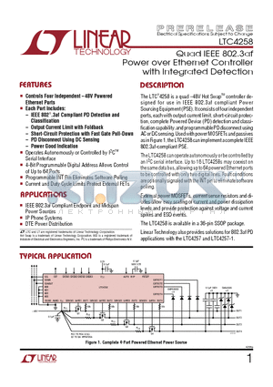 LTC4258CGW datasheet - Quad IEEE 802.3af Power over Ethernet Controller with Integrated Detection